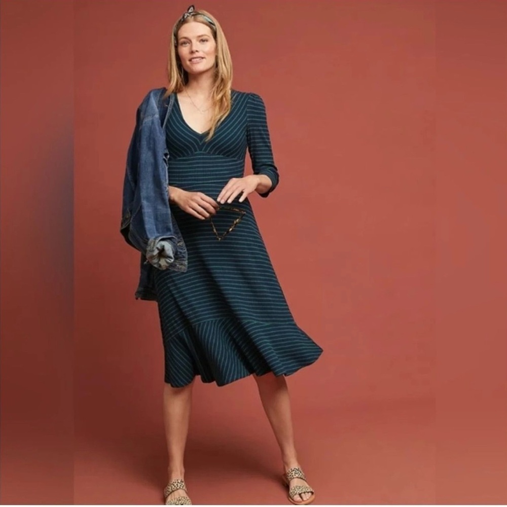 Maeve Anthropologie Flores Striped Midi Dress Flounced Navy Green XL Preppy boho